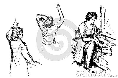 Vector set of three black and white sketches. Girls in clothes: sitting on the couch and reading, standing half turnover. Vector Illustration